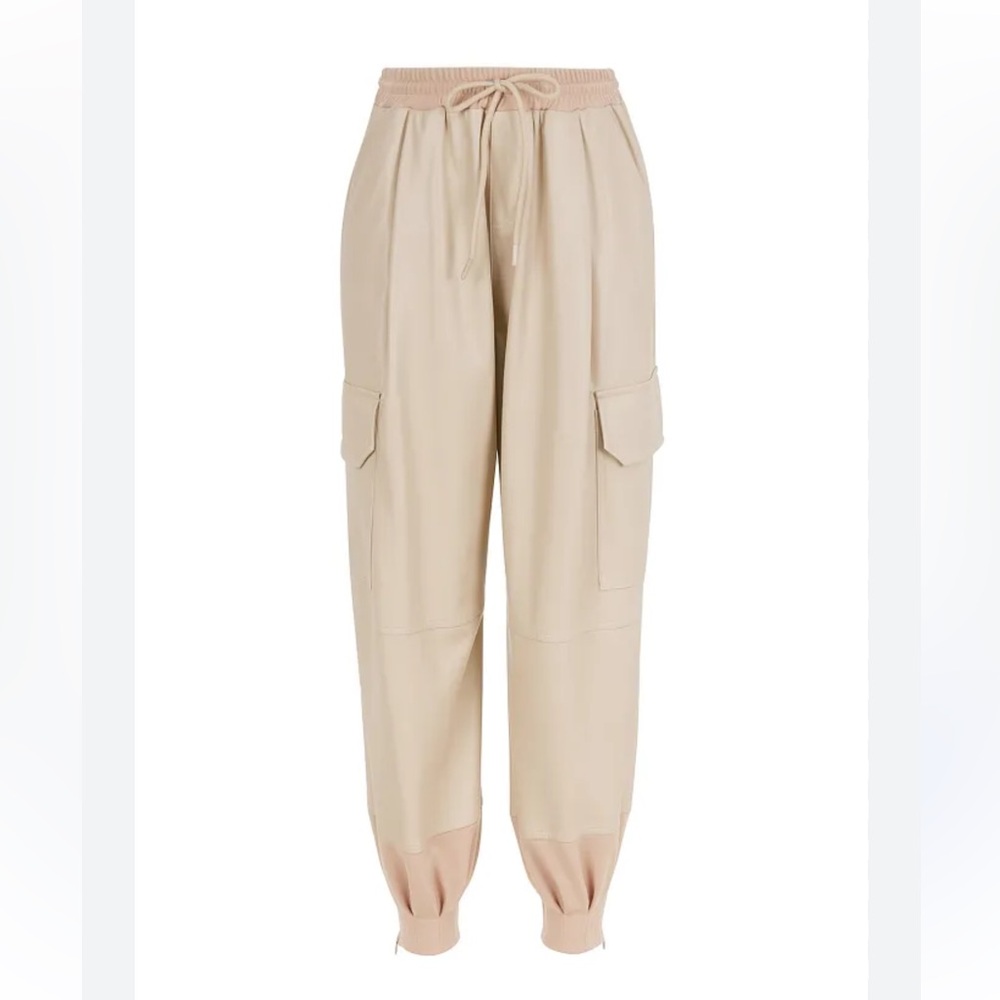 Nocturne Faux Leather Joggers Lined Cream Tan Zip Ankle Pockets NWT Size 34 XS